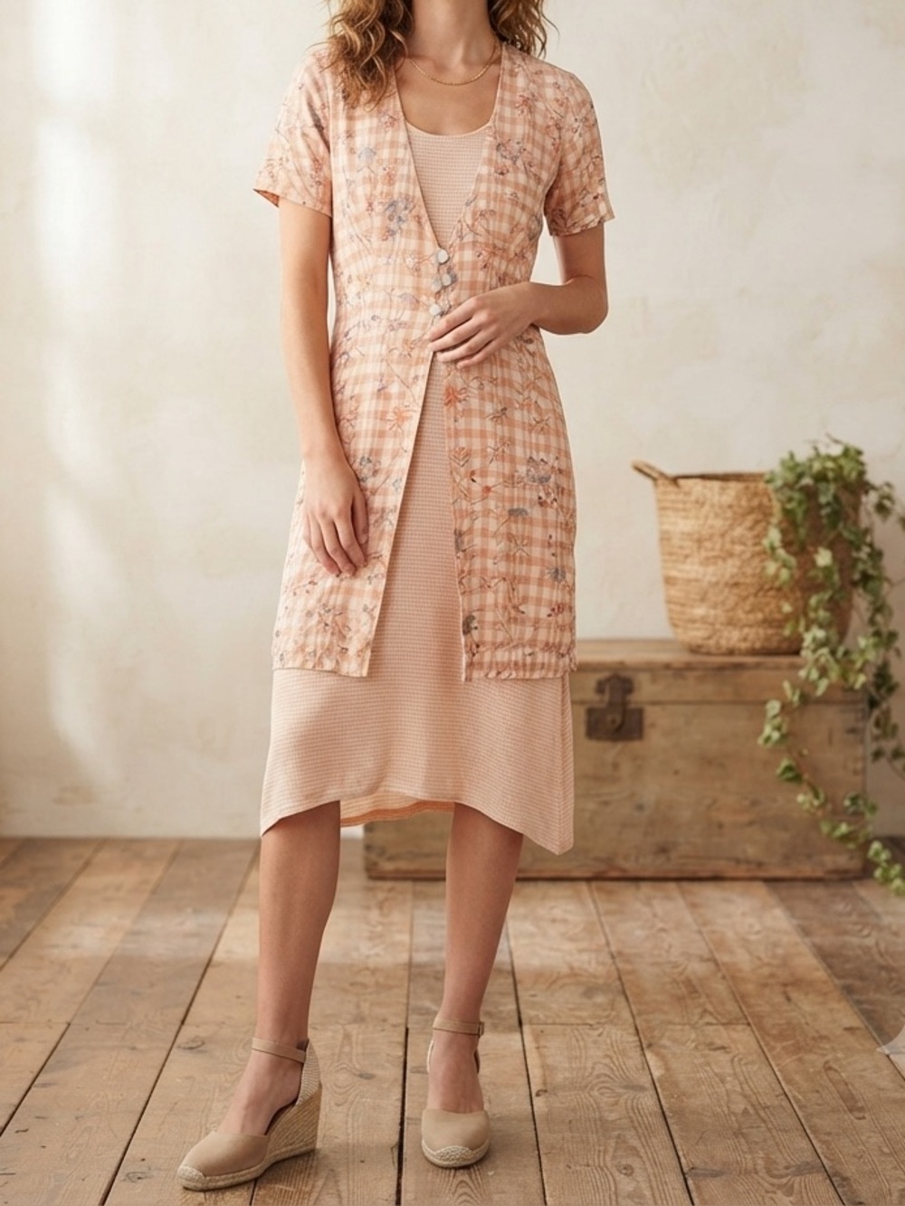 Vintage Expo Gingham Floral Layered Midi Dress Short Sleeve Pink Peach Mini🩷